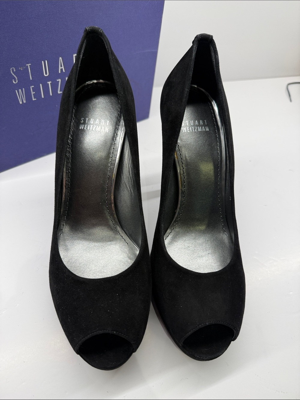 Stuart Weitzman Black Suede Platform peep toe Pumps